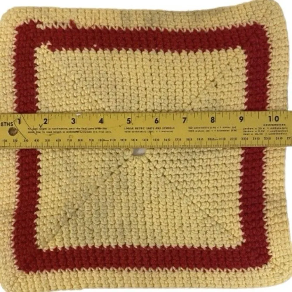 Vintage Hand Crocheted Potholders Set of 2 - Red & Cream Yellow - 10” Square
